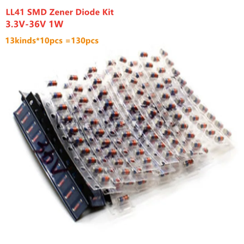 130PCS/LOT LL41 SMD Zener Diode Kit ZM4728A-ZM4753A SMD Diode Set 3.3V-36V 1W 3V3-36V 13kinds*10pcs =130pcs