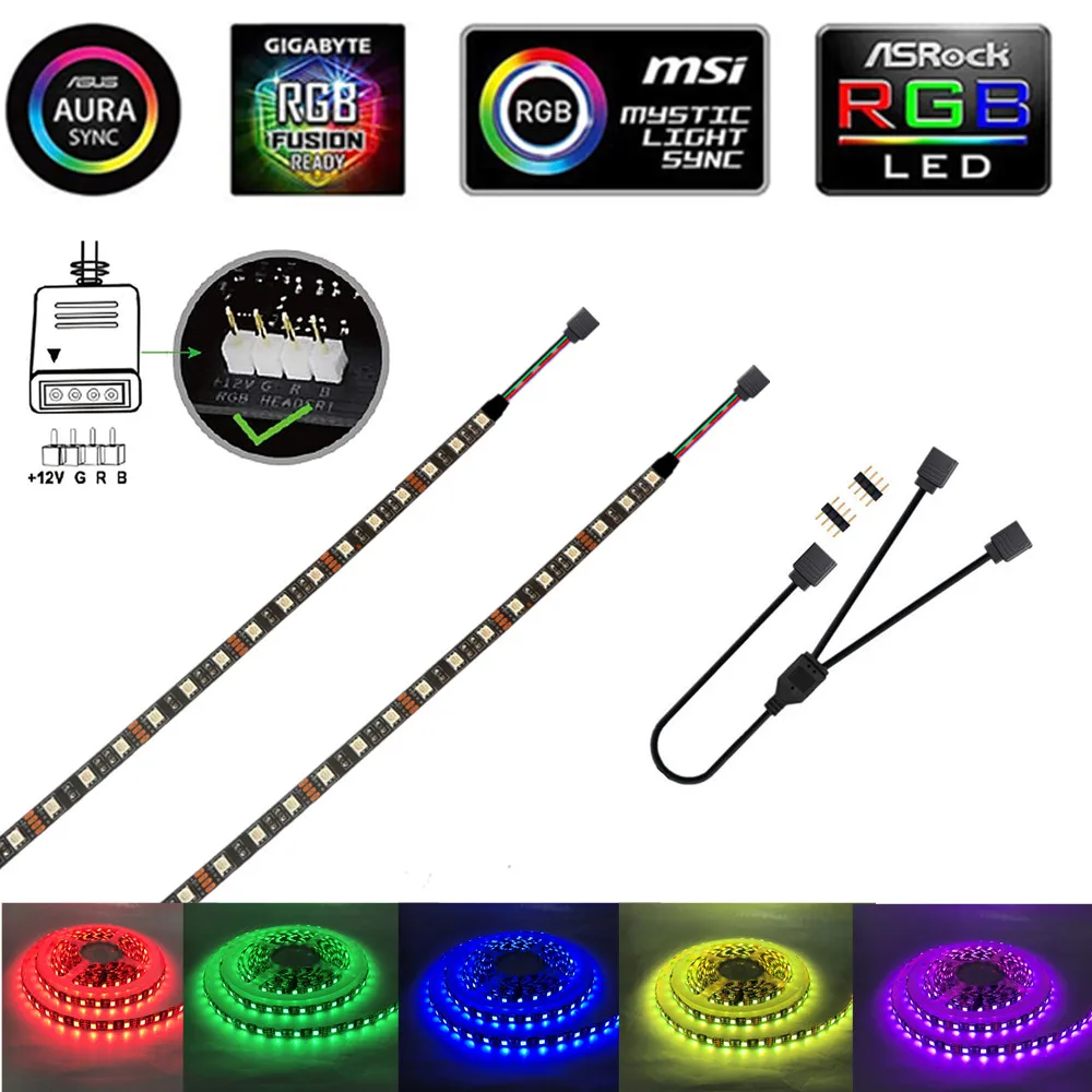 RGB Gaming 5050 LED Strip Light For Aura Sync Motherboard Control PC Computer Case 0.5M 1M 2M 3M 4M 4 Pin-RGB Header(+12V,G,R,B)