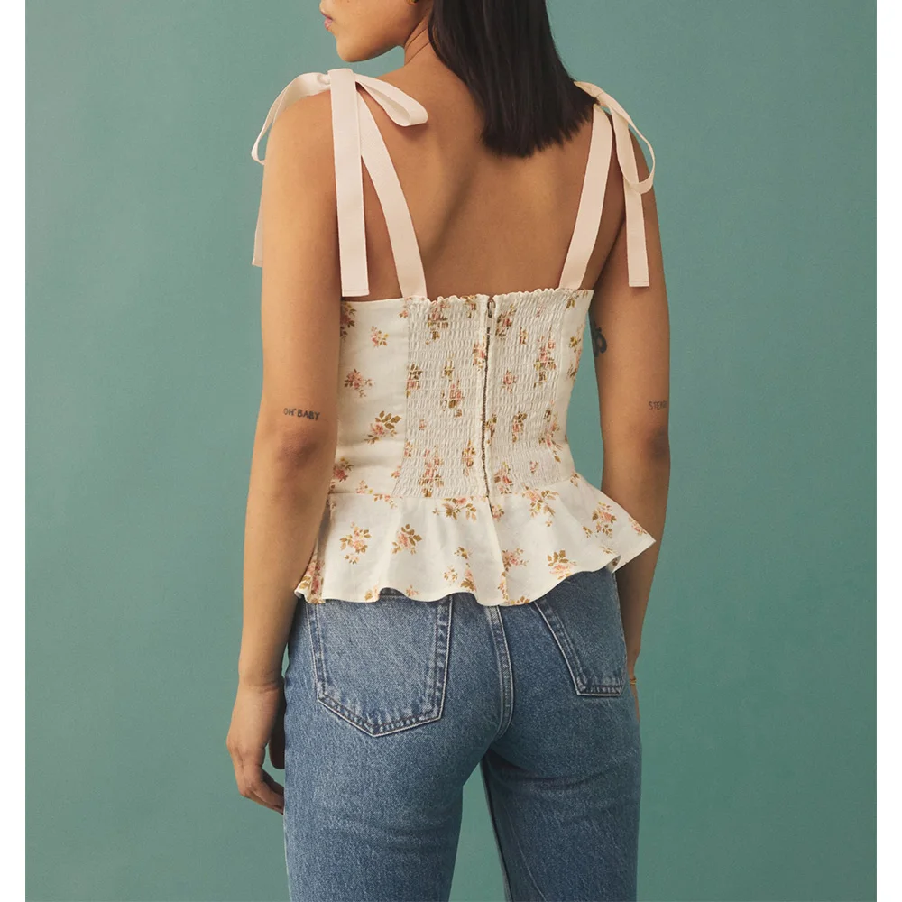 Top corto con estampado Floral Vintage para mujer, Top con escote Corazón, dobladillo con volantes, Top elegante sin mangas con tirantes anudados, Tops sexys para mujer 2021