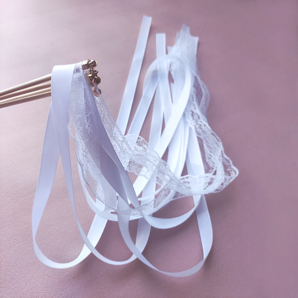 50Pcs White Lace Ribbon Wedding Wands with Gold Bell 20pcs Wedding Ribbon Fairy Stick Twirling Streamers Party Prop Wands