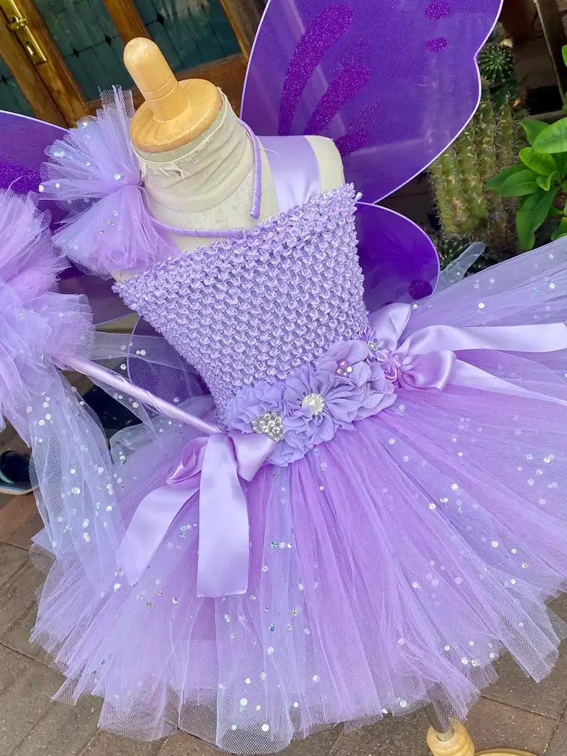 Vestito da fata farfalla viola per ragazze vestito da fiore tutu in Tulle glitterato per bambini con ala e fiocco per capelli abiti da festa per