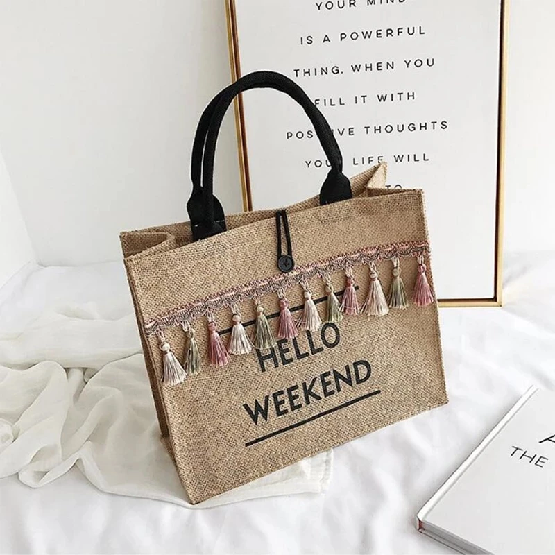 Canvas Handbag Women Large Capacity Tassel Shoulder Bag Simple letter Top-handle Bag Linen Lady Tote Shopping Weekend Bag Bolso