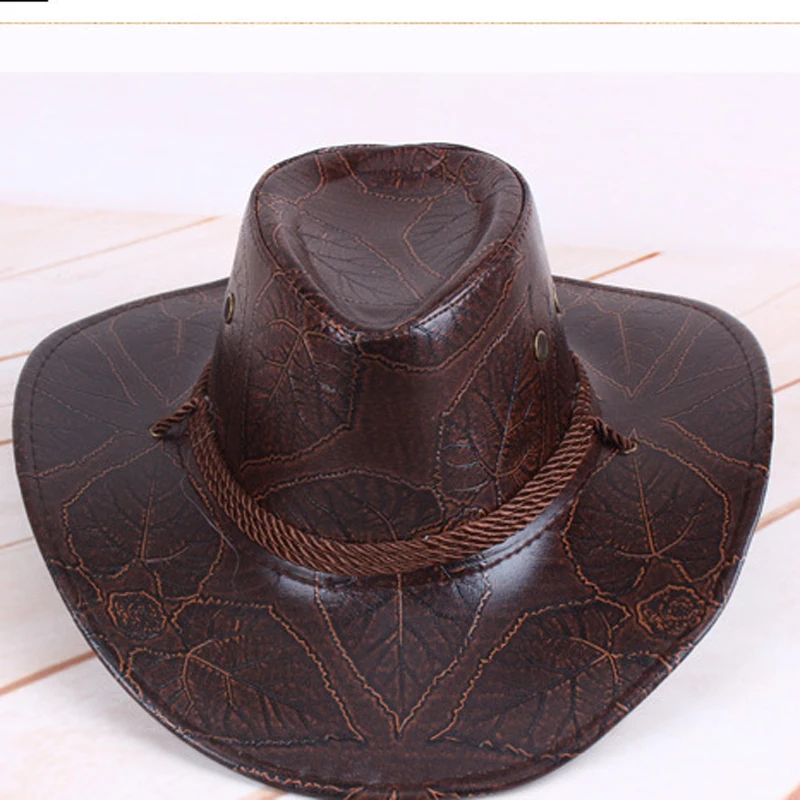 YOYOCORN  Pu leather men\'s American wind big western cowboy hat ladies knight hat outdoor visor unisex breathable cap