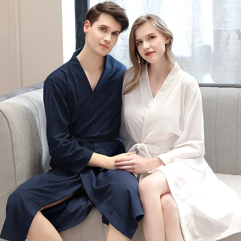 New 100% Pure Cotton Plain Color Bathrobes Robe Beauty Shop Hotel Unisex Pajamas Sauna Clothes Waffle Sleepwear Water Absorption