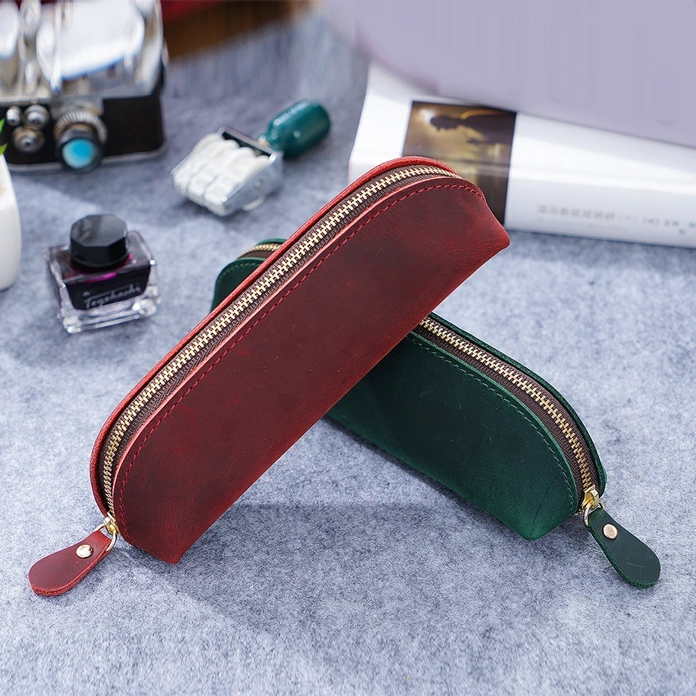 

Handmade Zipper Pen Pencil Bag Storage Pouch Vintage Style Cowhide Creative School Students Stationary Accessories Pen Cases