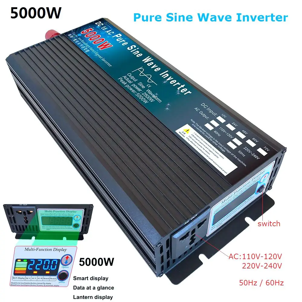 Imagem -02 - Inversor de Onda Senoidal Pura 4000w 5000w dc 12v 24v 48v 60v para ac 110v 220v Conversor de Tensão de Energia Solar para Carros Domésticos