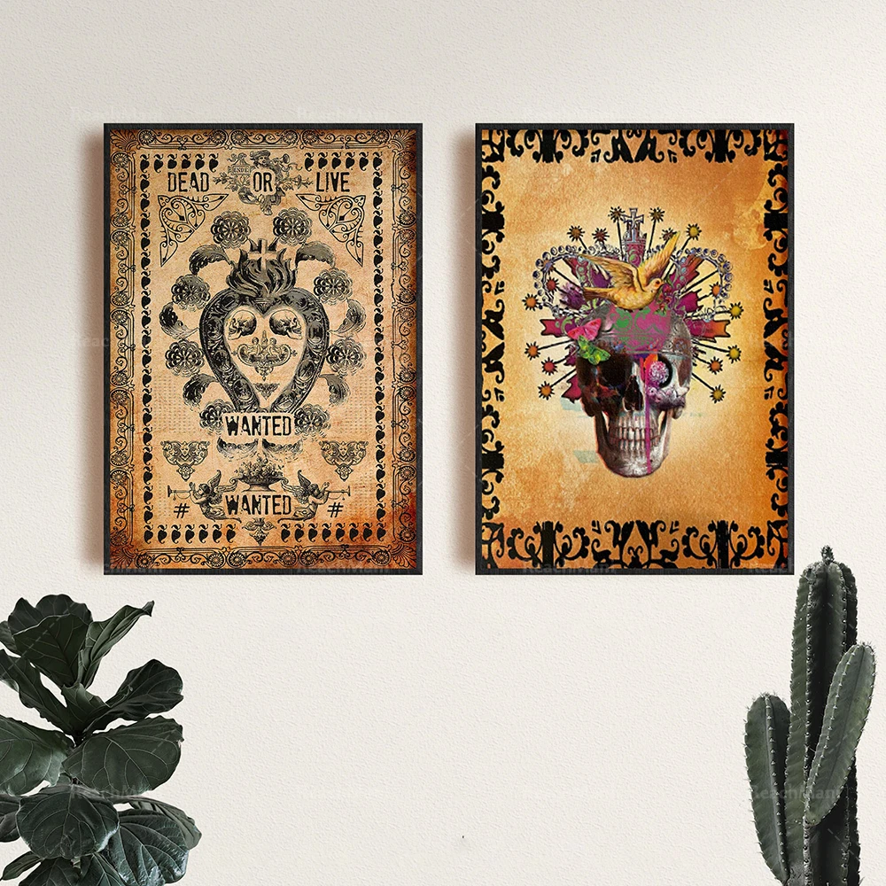 Dead or Alive or Skull Dove - Vintage Print - Dead or Alive Decorative Canvas Typographic Poster in Tattoo Pattern