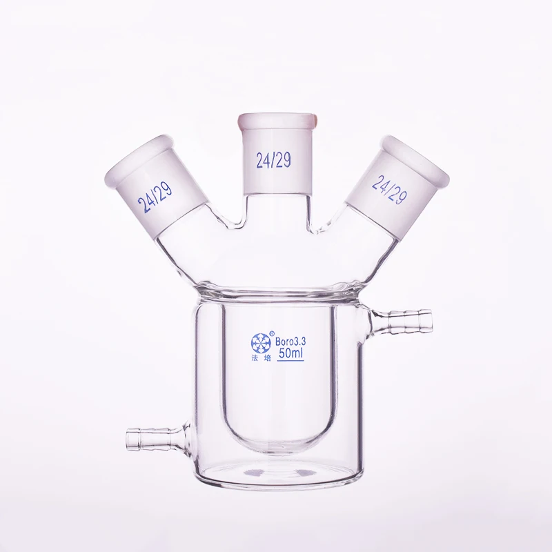 

Double-deck cylindrical three-necked bottom flask,Capacity 50ml,Joint 24/29,Mezzanine jacketed reactor bottle