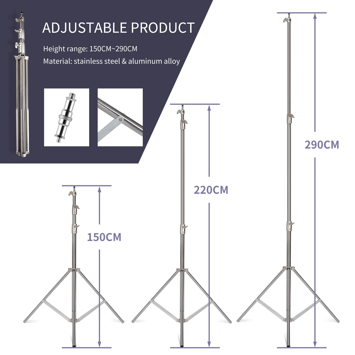 280cm Tripod Stainless Steel Light Stand With Wheels Air Pressure For Camera Ring Light Live Youtube Cellphone Video Photography