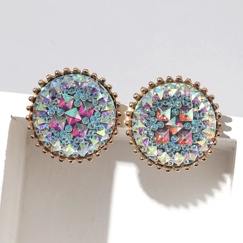 2021 New Vintage Square Pave AB Crystal Jewelry Multicolor Roung Stud Earring for Women