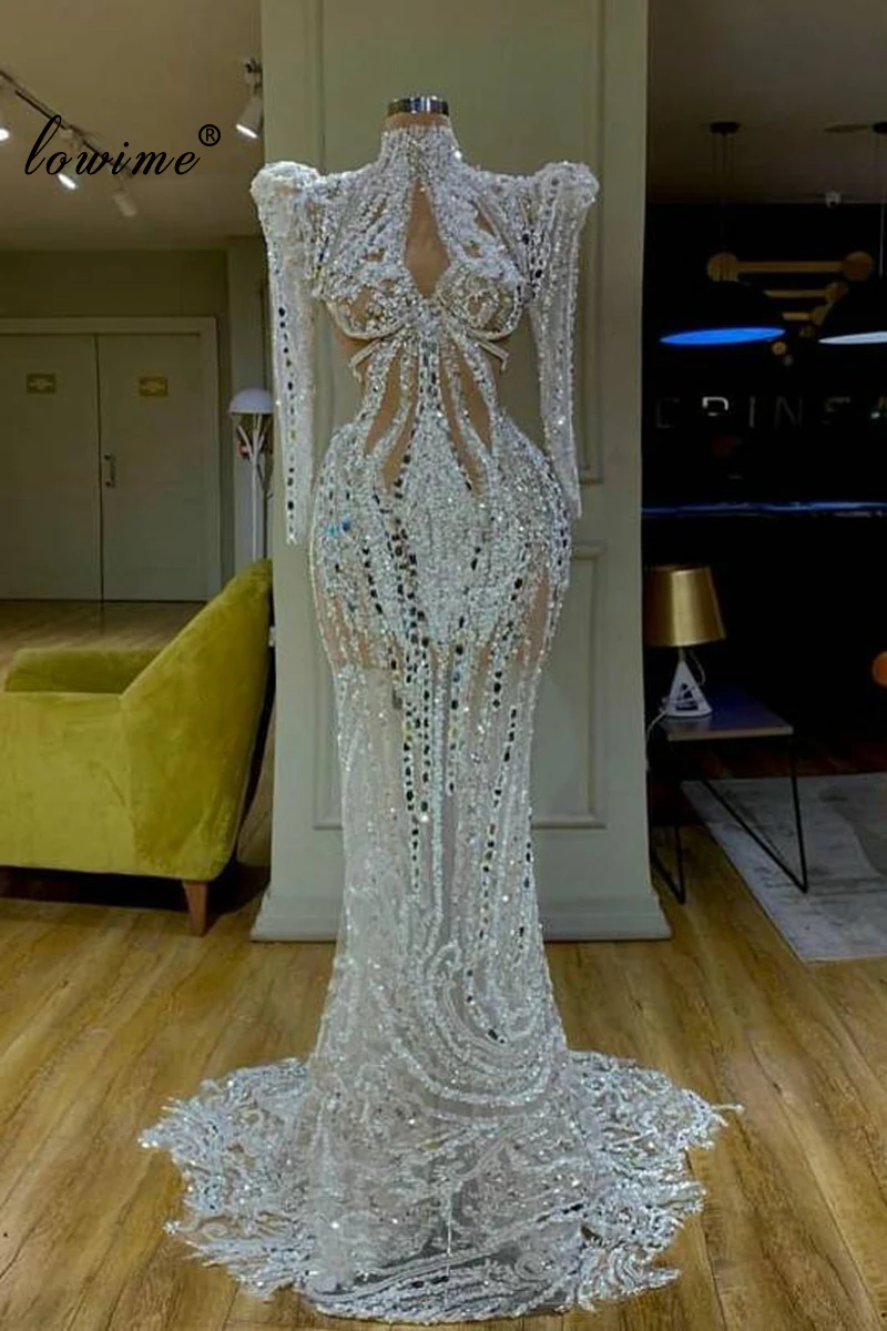 Dubái-Vestido de graduación transparente con cuentas de cristal para mujer, traje de noche largo y Formal con cuentas de sirena, Sexy, árabe, 2020