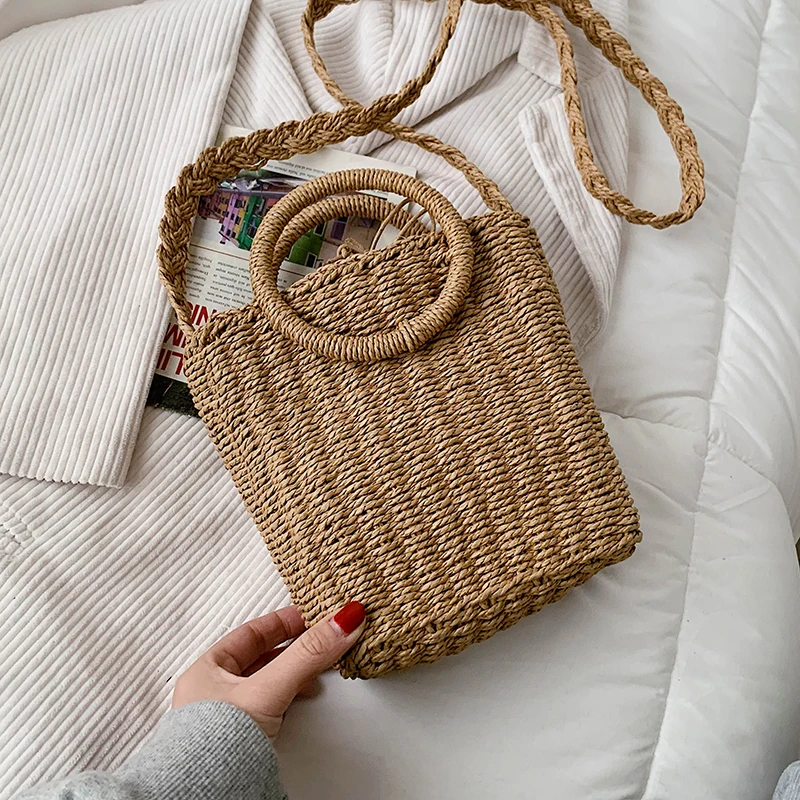 

Straw Woven Bag Handmade Rattan Woven Vintage Retro Straw Rope Knitted Women Crossbody Handbag With Ring Fresh Summer Beach Bag