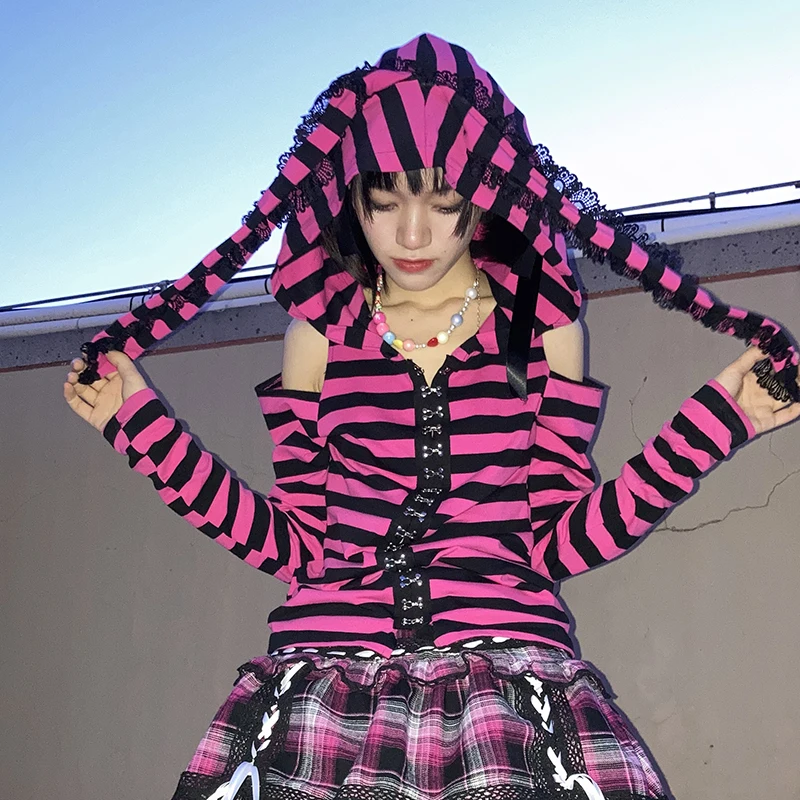 Y2K Pink Black Striped Hoodie Gothic Harajuku Hot Girl Sweet Print T-shirts Long Sleeve Women Cute Rabbit Ears Hooded Mujer