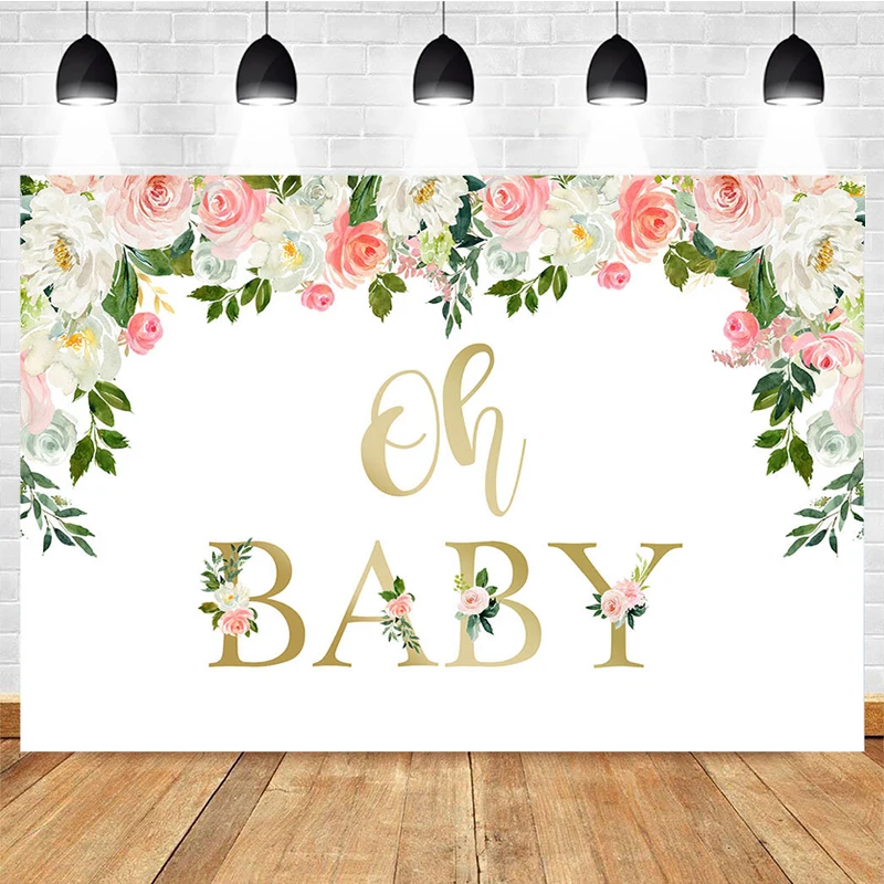 Mocsicka Oh Baby Photography Background Pink Rose Green Leaves Decoration Props Child Portrait Baby Shower Photo Backdrop Banner