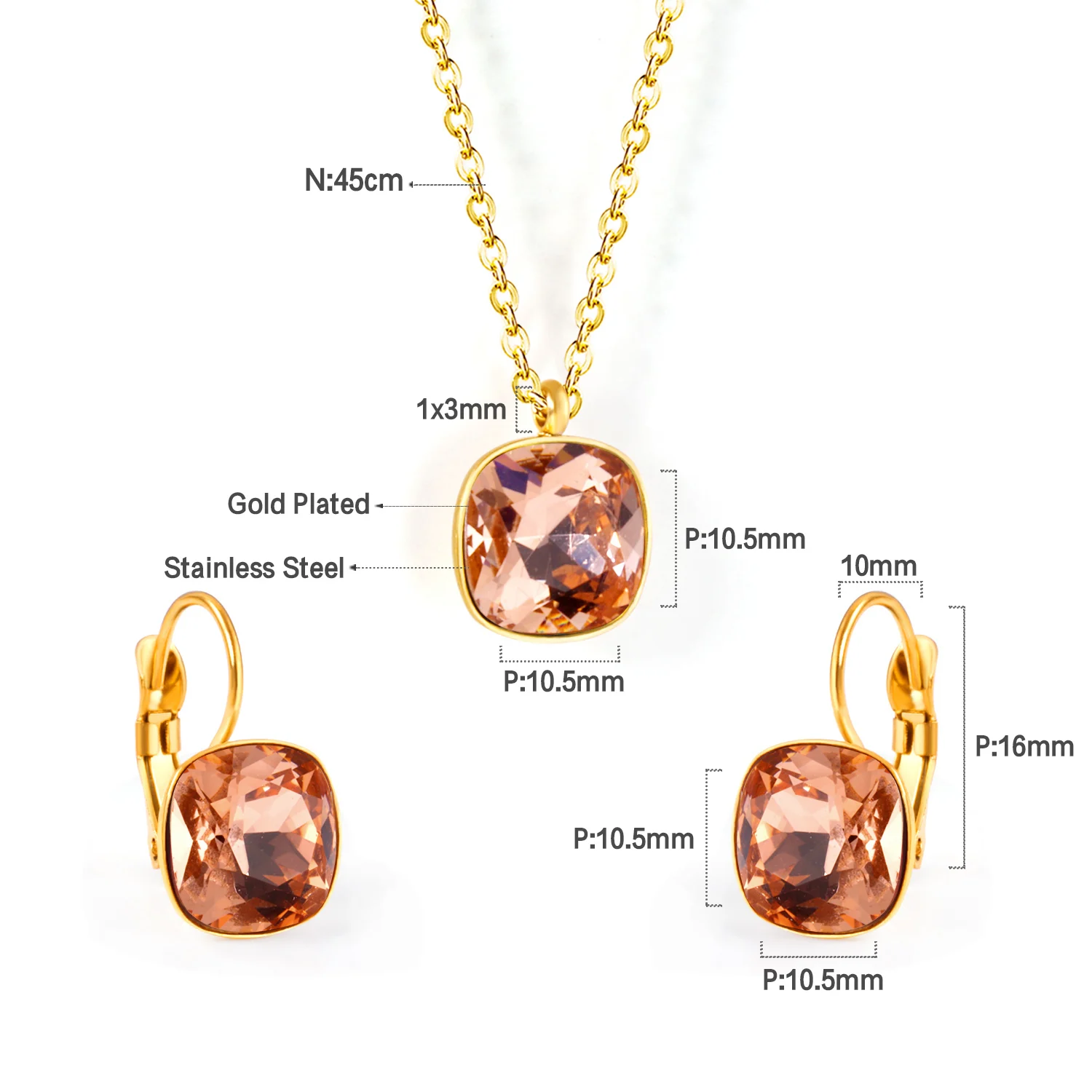 Square Multiple Color Crystal Pendant Necklace & Earrings Set