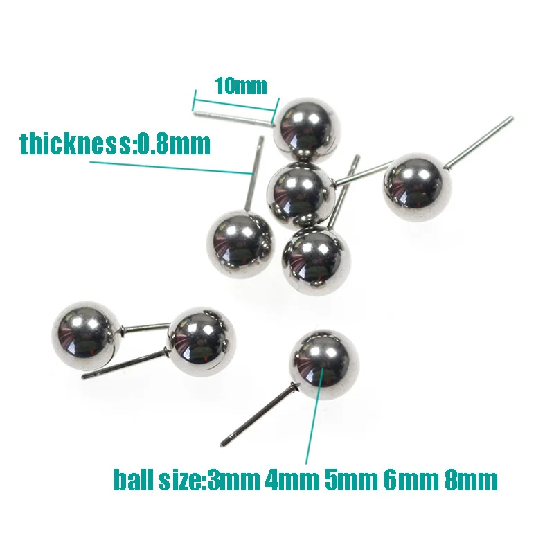 50pcs/Lot 316 Stainelss Steel Round Ball Stud Earrings 3/4/5/6/8mm Ear/Body Piercing Push Pin Earrings DIY Jewelry Findings