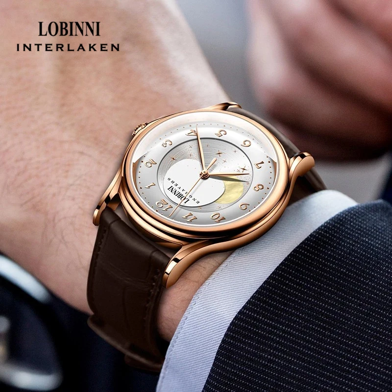 LOBINNI 2021 Top Luxury Brand Men Moon Phase Watch Brown Leather Strap Waterproof Automatic Mechanical Watches