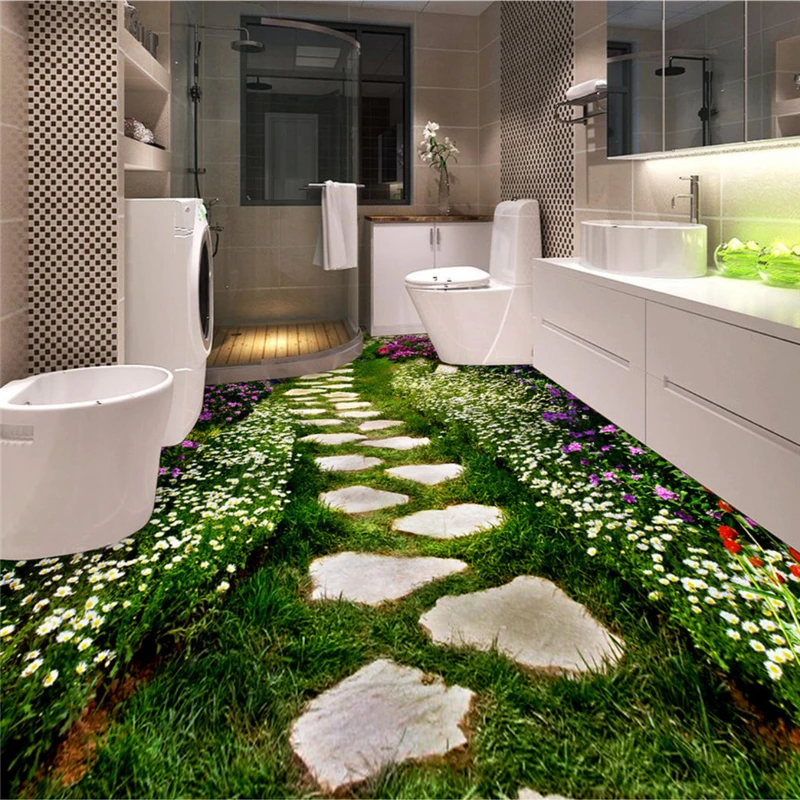 Customize any size wallpaper 3d PVC flooring photos murals non - slip waterproof garden plants flowers path toilet bathroom Обои