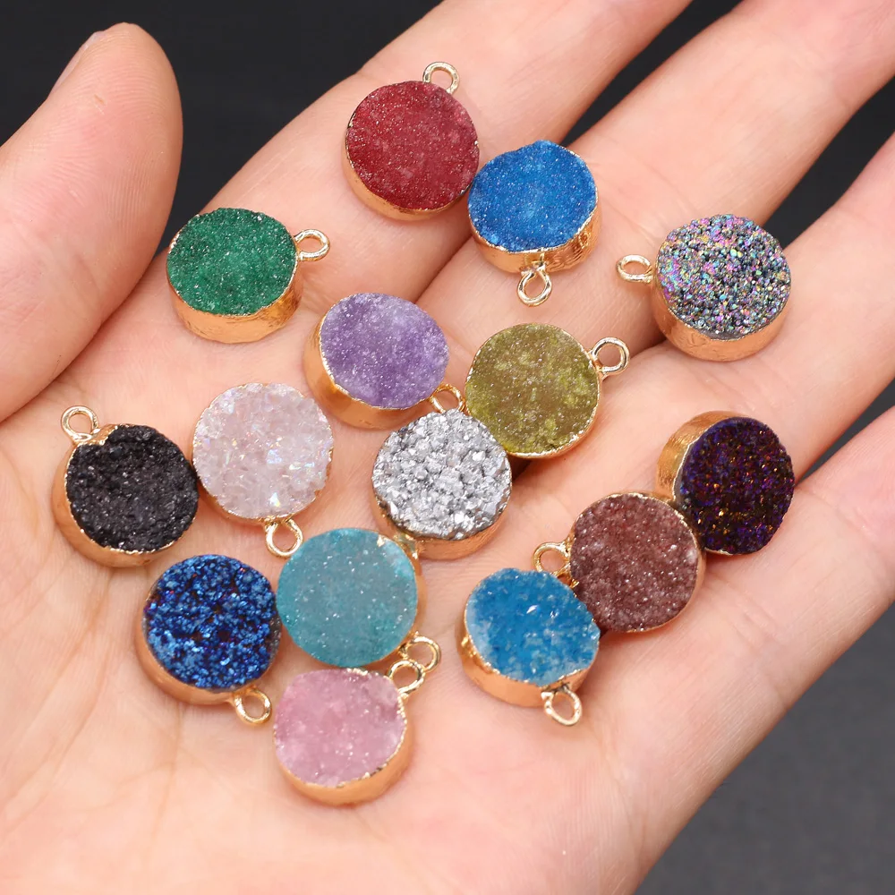 Natural Druzy Agates Pendant Necklace Charms Golden Plated Round Agates Pendant for Jewelry Making DIY Necklace Size 12x15mm