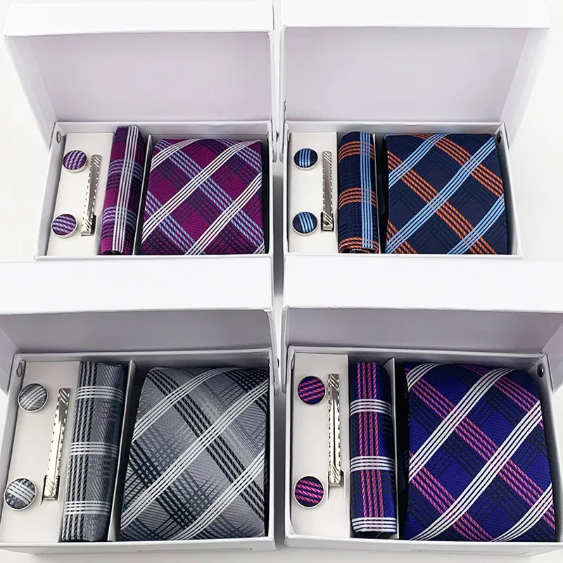 Luxury Tie Set Gift Box for Men Jacquard Necktie Pocket Square Clip Cufflinks Red Black Blue Purple Handkerchief Formal Dress