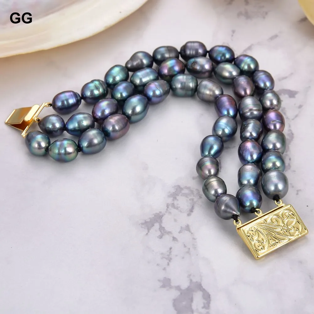 GuaiGuai Jewelry Natural Pearl 3Strands Peacock Black Rice Pearl Bracelet Women Lady Fashion Jewelry