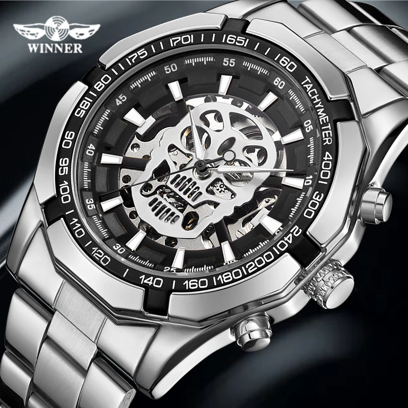 WINNER Steampunk Skull Auto Mechanical Watch Men Silver Stainless Steel Strap Skeleton Dial Fashion Cool Design Wrist Watches