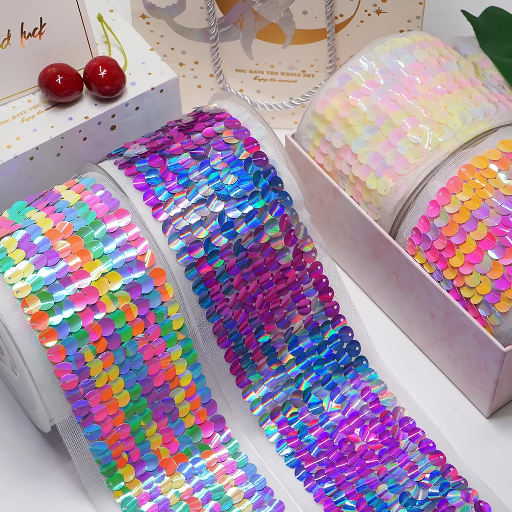 DIY 3 Inch 75mm Glitter Sequined Ribbon For Craft Supplies Sewing Accessories 2 Yards. A2121004