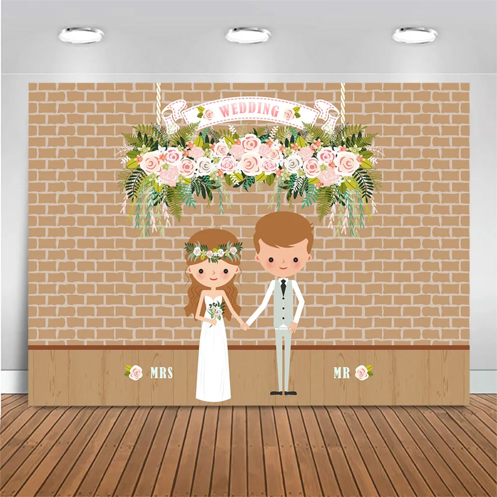 

MOCSICKA Brick Wall Wedding Backdrop Photography Cartoon Character Bridegroom Bride Wedding Party Background Decoration Flowers