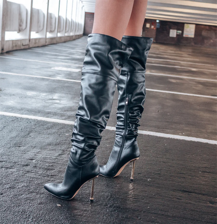 Onlymaker Women Pointed Toe Metal heel Black Matte Side Zip Knee High Boots Big Size Lady Fashion Classic Long Winter Boots