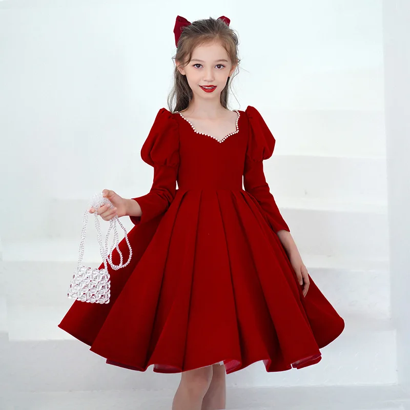 

Girls Prom Dress Teen Kids Velvet Birthday Party Formal Dress Christmas Easter Red Evening Dress Piano Performance Host Costumes