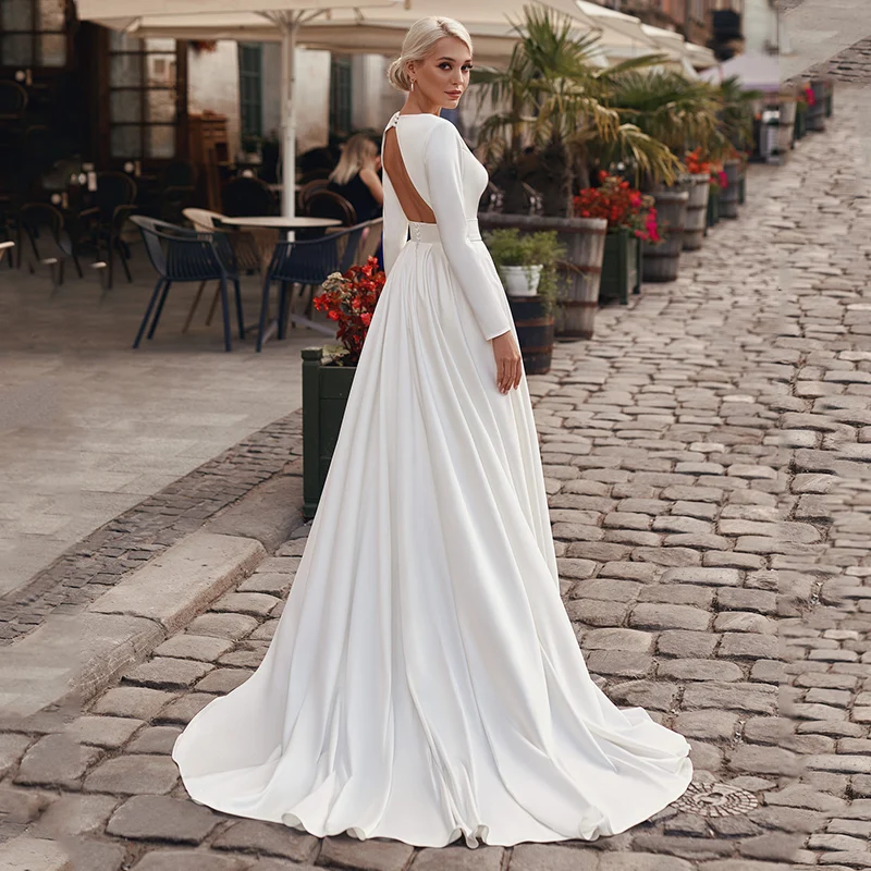 Robe de mariée simple à col en v, à manches longues, en Jersey, fente A, avec ceinture, à la mode, 2021