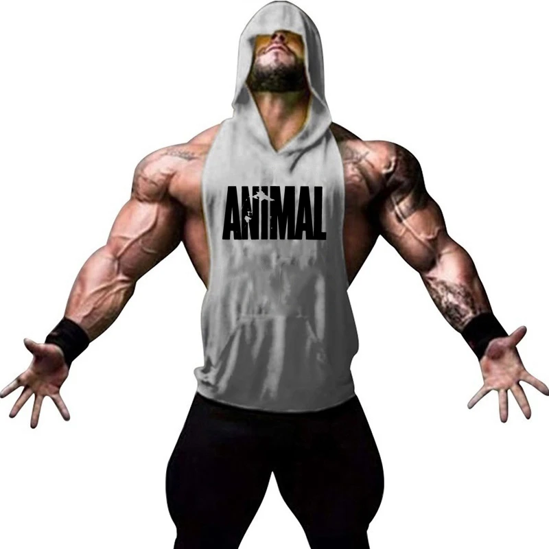 Uomo Bodybuilding Animal canotte senza maniche con cappuccio Muscle Stringer Athletic Fitness Vest Top felpe estive abbigliamento sportivo Top