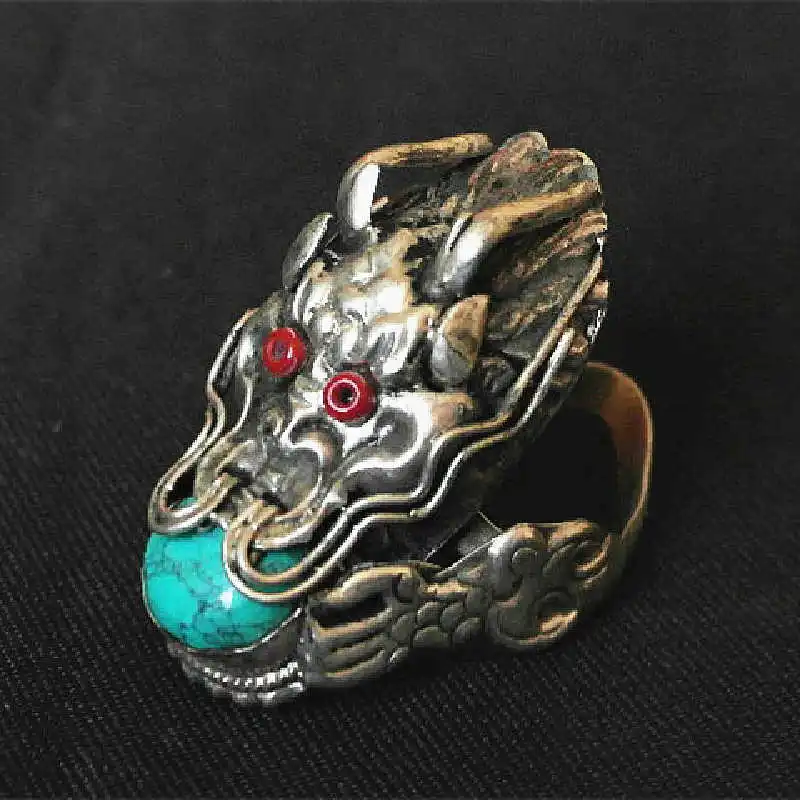 Tibetan Dragon Amulet Rings for Man Copper inlaid Bead Big Ring Multi Stones R024