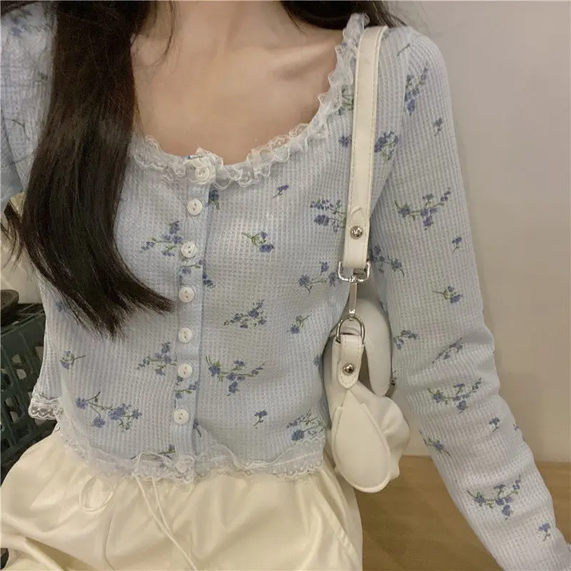 Women Cardigan Sweet Crop Top Design Patchwork Lace Floral Gentle Students All-match Retro Single Breasted Korean Style Chic Ins