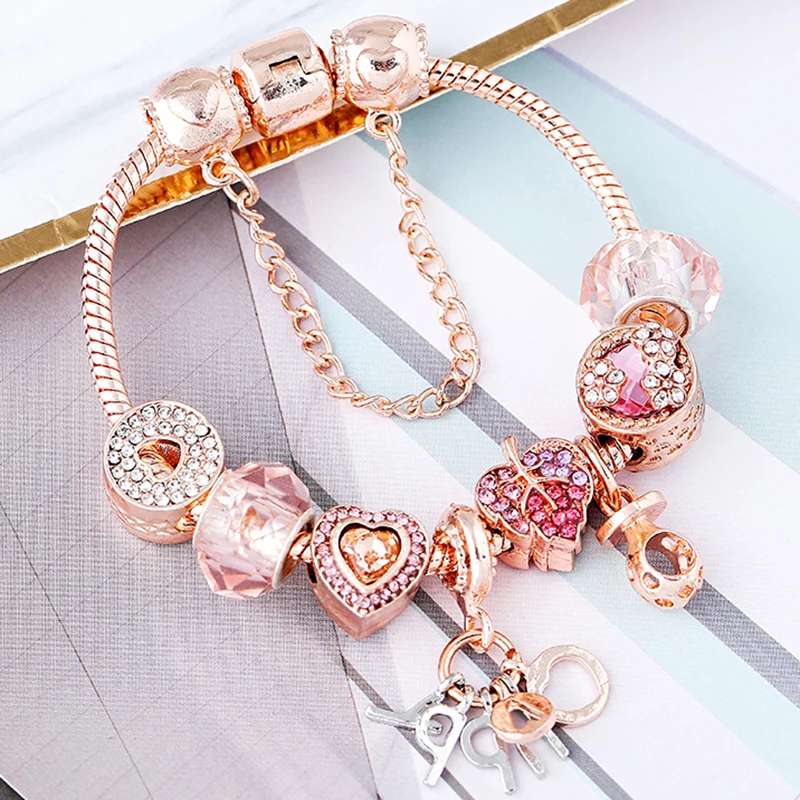 BAOPON Luxury Rose Gold HAPPY Pendant Charm Bracelets&Bangles For Women Silver Plated Bracelet Handmade Jewelry Crystal Bracelet