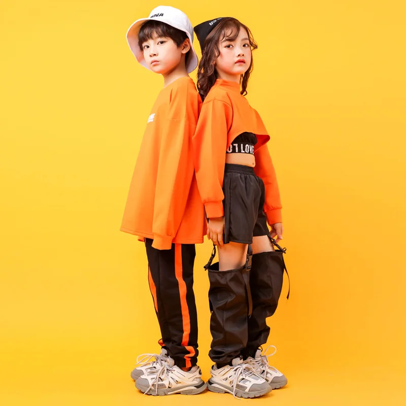 Kid Kpop Hip Hop Clothing Sweatshirt Crop Top Streetwear Hole Sweat Track Jogger Pants for Girl Boy Jazz Dance Costumes Clothes