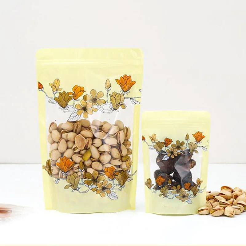 100Pcs Stand Up Flower Printing PET Plastic Ziper Lock Bag Window-waterproof Walnuts Packing Pouch, Resealable Candy Gift Bags