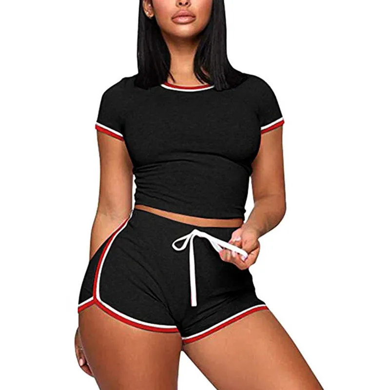 

2020 New Women 2Pcs Set Summer Ladies Striped Short Sleeve Slim Tops&Shorts Two Piece Sportwear Homewear Casual Sports Tracksuit