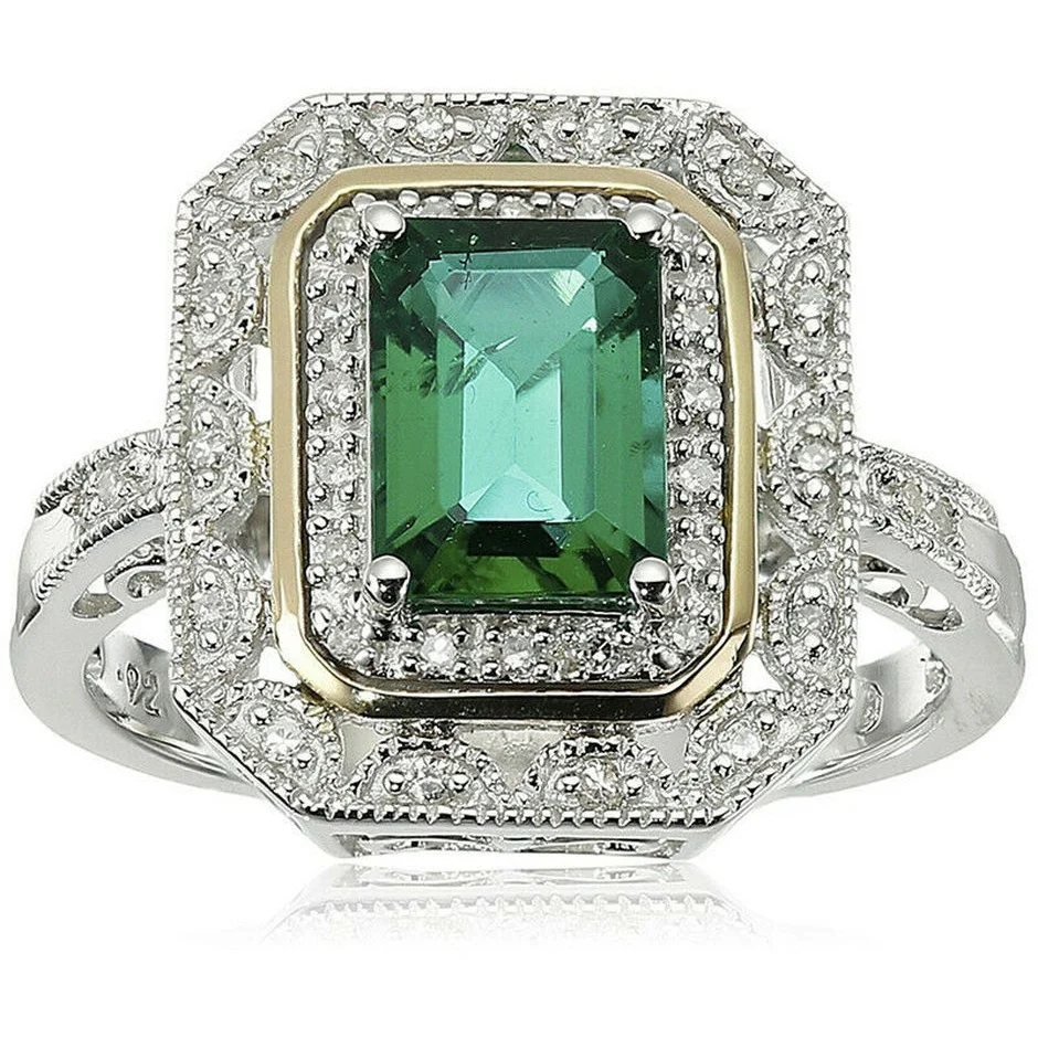 Women Silver and Gold Plated Green Crystal Art Deco-Style Jewelry Ring Size 6-10