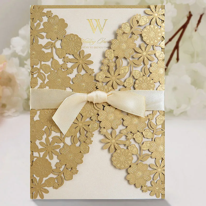 

50pcs Elegant Wedding Invitations Card Ribbon Lace Pocket Customize Invites Card Printing Engagement Bridal Favor Party Decor