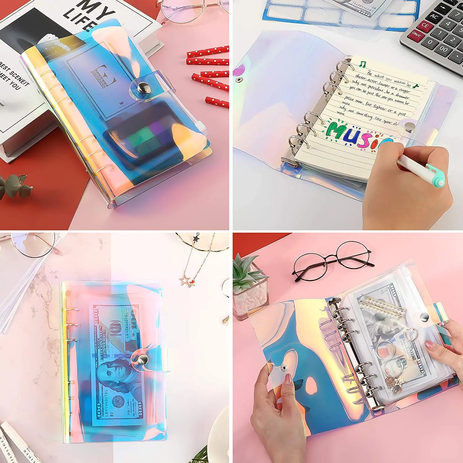 A6 Clear Soft PVC Notebook Binder Cover Planner 6-Ring Loose-Leaf Folder Cash Budget Envelope System with 8 PCS Zipper Pockets