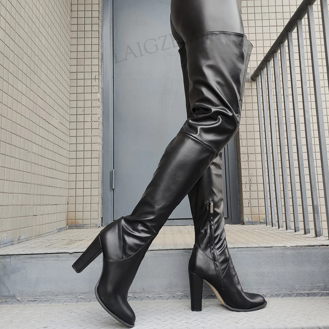 LAIGZEM Women Thigh High Boots Round Toe Chunky Thick Heels Side Zip Frauen Stiefel Faux Leather Shoes Woman Big Size 40 47 52