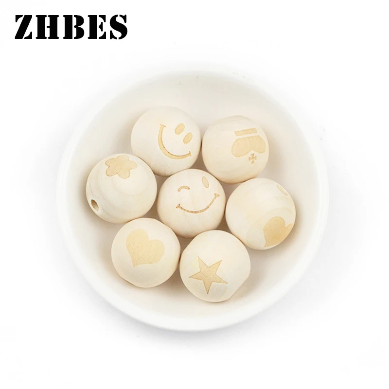

20MM/10pcs Natural Wooden Bead Smiling Face Heart Crown Round Loose Beads for Jewelry Making DIY Necklace Baby toys Accessories