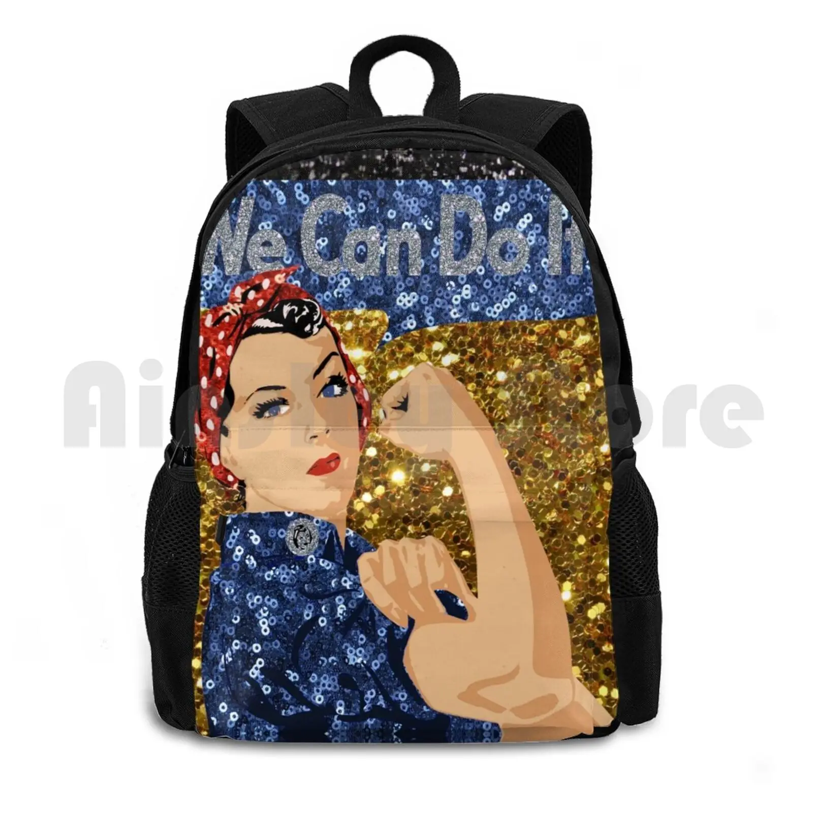 Glitter Print Rosie The Riveter Outdoor Hiking Backpack Riding Climbing Sports Bag Glitter Rosie The Riveter Rosie The Riveter