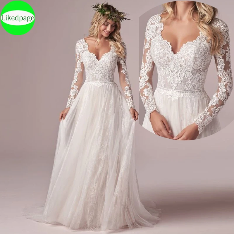 فستان زفاف بأكمام طويلة 2021Boho Vestido De Novia أنيق مزين بالدانتيل رداء Mariage مقاس كبير Trouwjurk Sukienka Na iceele