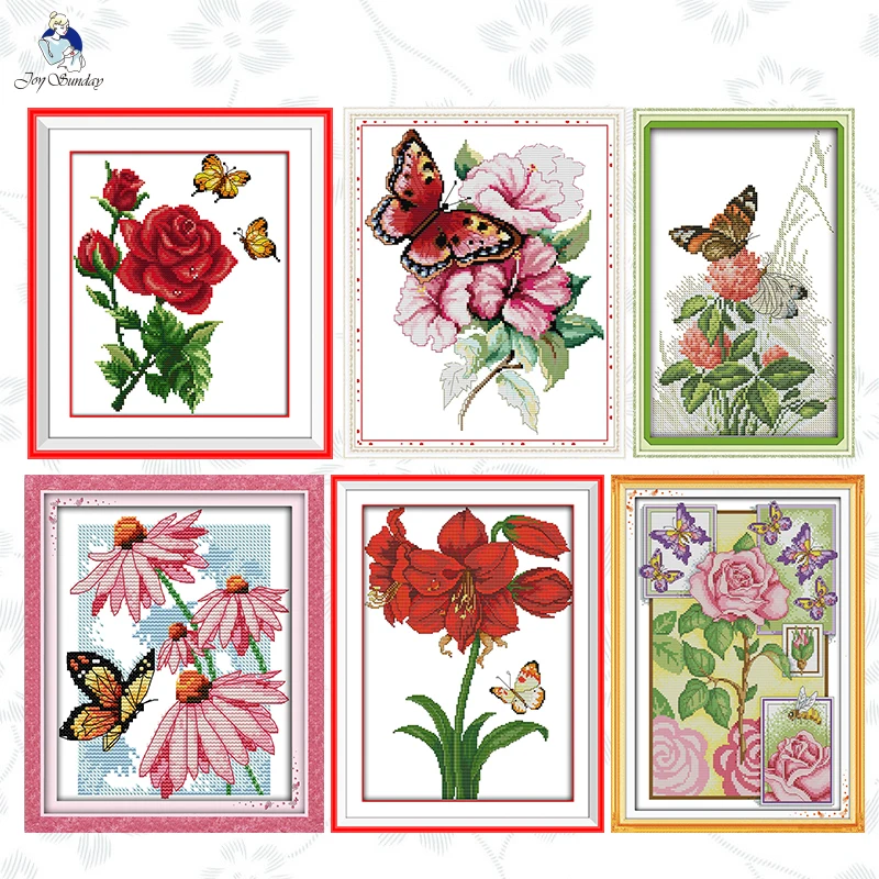 Joy Sunday Stamped Cross Stitch Kits Butterflies Love Flowers11CT Printed Fabric14CT Counted Handmade Embroidery Needlework Sets