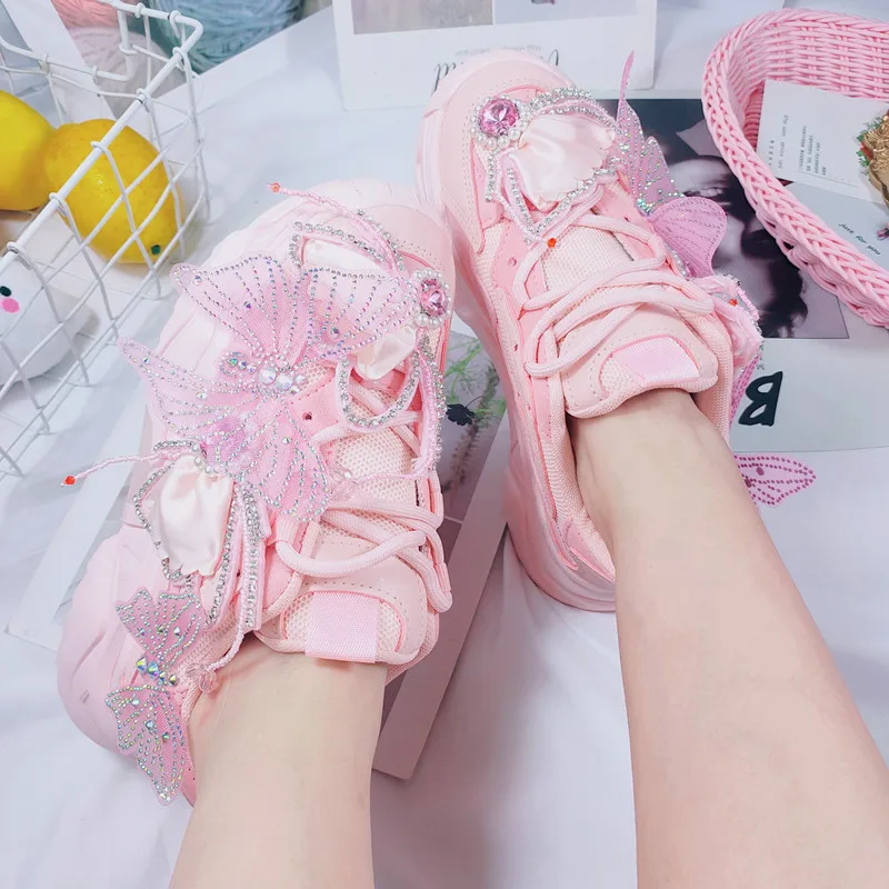 Cute Pink Rhinestones Chunky Sneakers Women Platform Sneaker Casual Thick Bottom Shoes Woman Dad Vulcanized Shoes Basket Femme