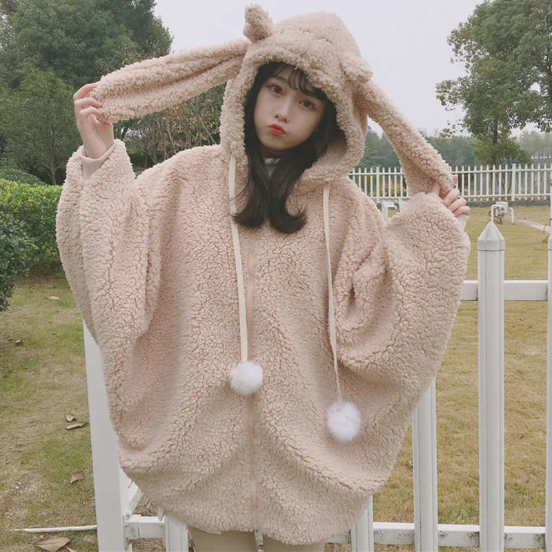 Holding your clothes corner autumn and winter 2019 new Japanese soft girl cute rabbit ears hooded plush thick coat women