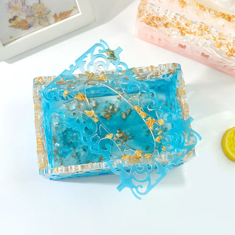 DIY Tissue Box Crystal Epoxy Resin Mold Pumping Tray Mold Hollow Pattern Storage Car Tissue Box Silicone Mold