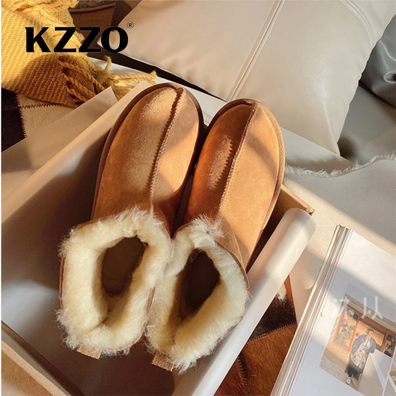 KZZO New Fashion Sheepskin Suede Leather Women Winter Boots 100% Natural Wool Fur Lined Ankle Snow Boots Non-slip Shoes Warm